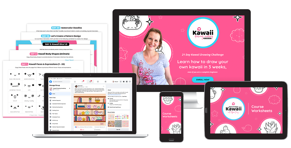21 Day Kawaii Drawing Challenge eBook shown on laptop, phone, and tablet