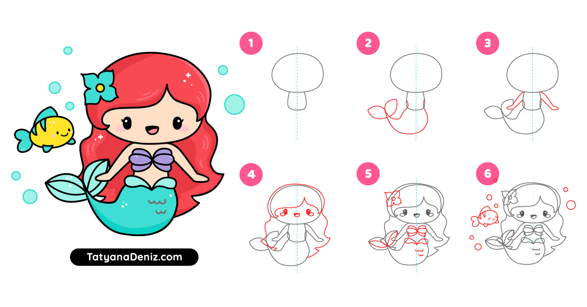 How to draw little mermaid Ariel cute and easy stepbystep