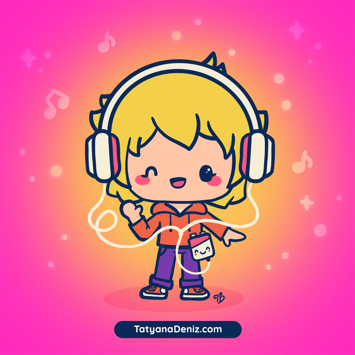 Kawaii aesthetic anime retro boy with walkman - kawaii art by Tatyana Deniz