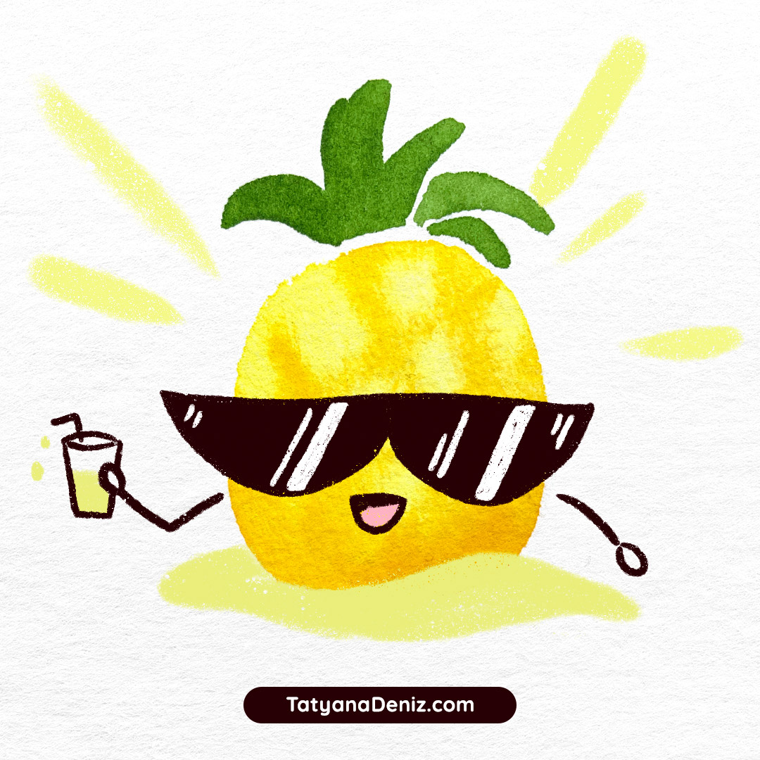 Kawaii watercolor art pineapple summer beach by Tatyana Deniz