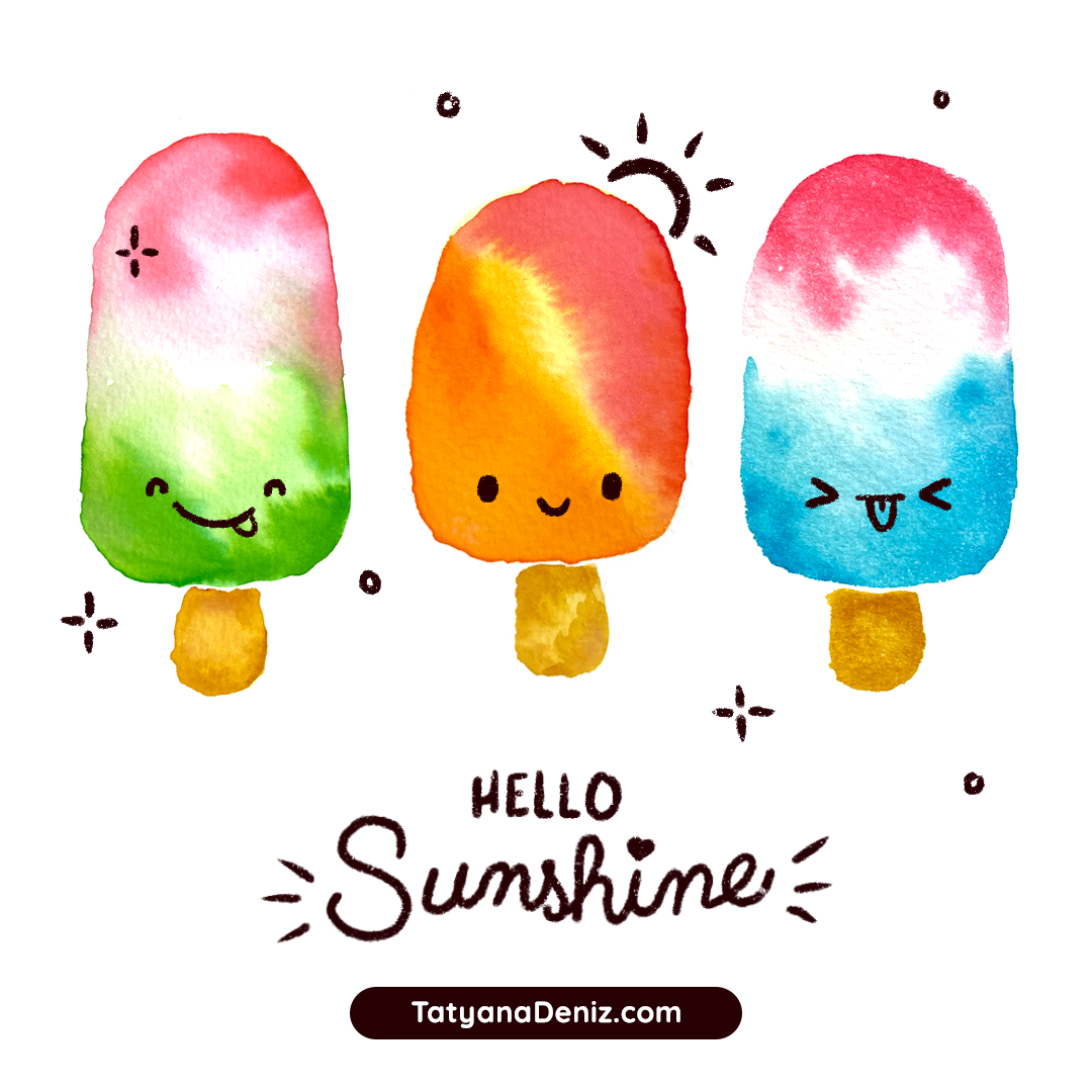 Kawaii popsicles watercolor art doodle happy by Tatyana Deniz | TatyanaDeniz.com