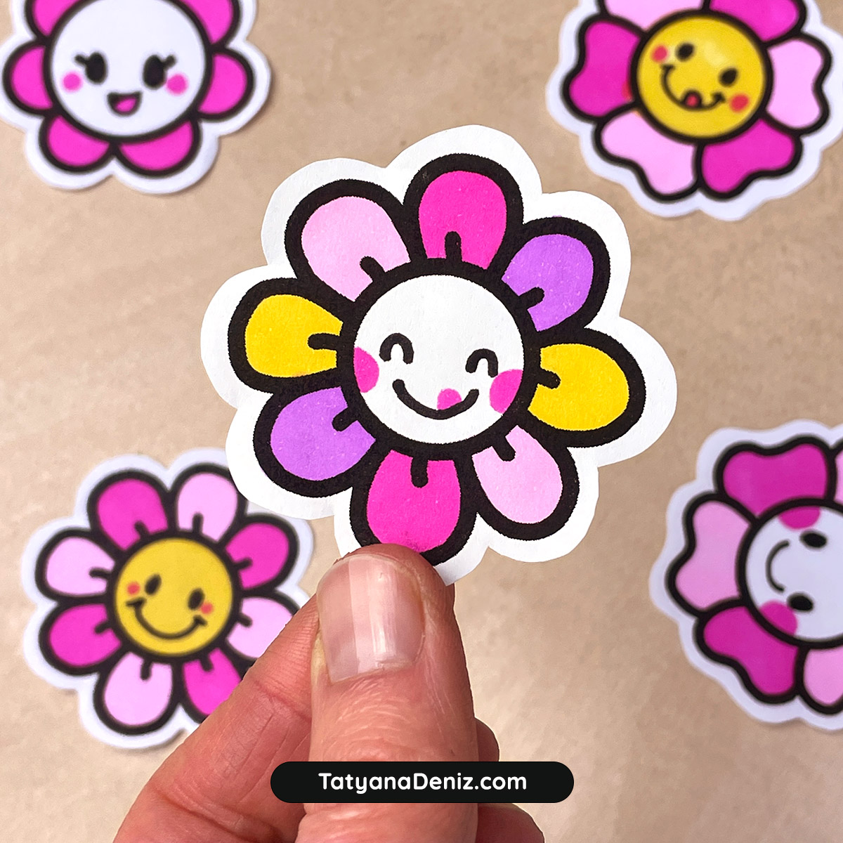 Cute Kawaii Smiley Face Flower by Tatyana Deniz