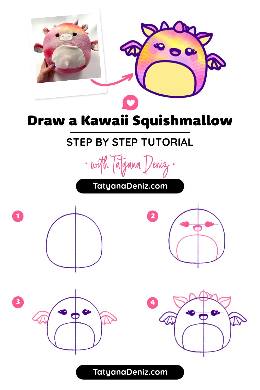 Design a kawaii character inspired by a Squishmallow plushie step-by-step tutorial by Tatyana Deniz