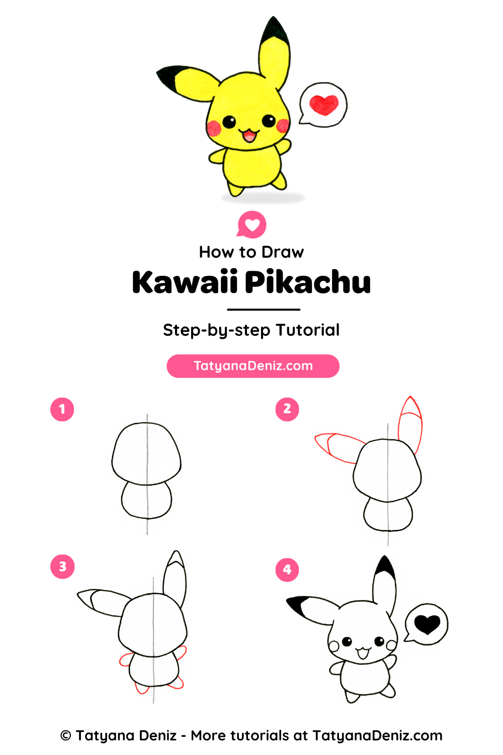 Learn how to draw a kawaii Pikachu with this simple, step-by-step guide. Clear instructions lead you from a basic gumdrop-shaped head and body to adding hands, ears, outlining, and colouring, making it perfect for beginners and fans of art, with space for your own colours.